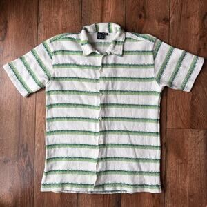 Fried Waters Striped Shirt Mens M Button Up Textured Green White Short Sleeve